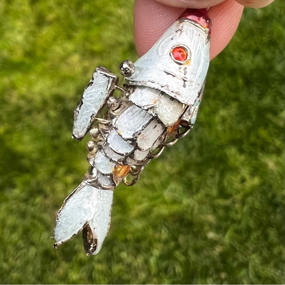 Vintage Articulated Cloisonne Enamel Koi Fish Pendant for Necklace White 1.5"